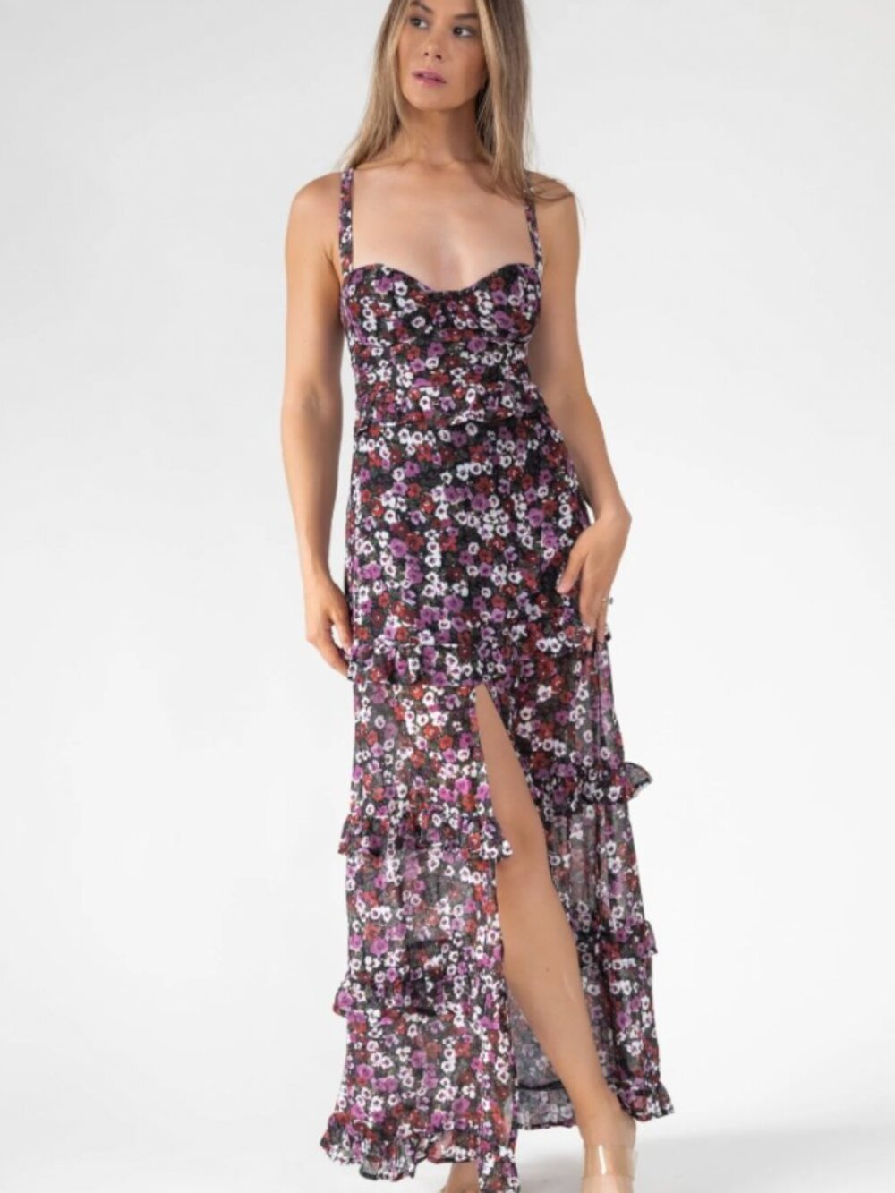 NWT FORE Women's Large Floral Print‎ Formal Sweetheart Ruffle Slit Maxi Dress